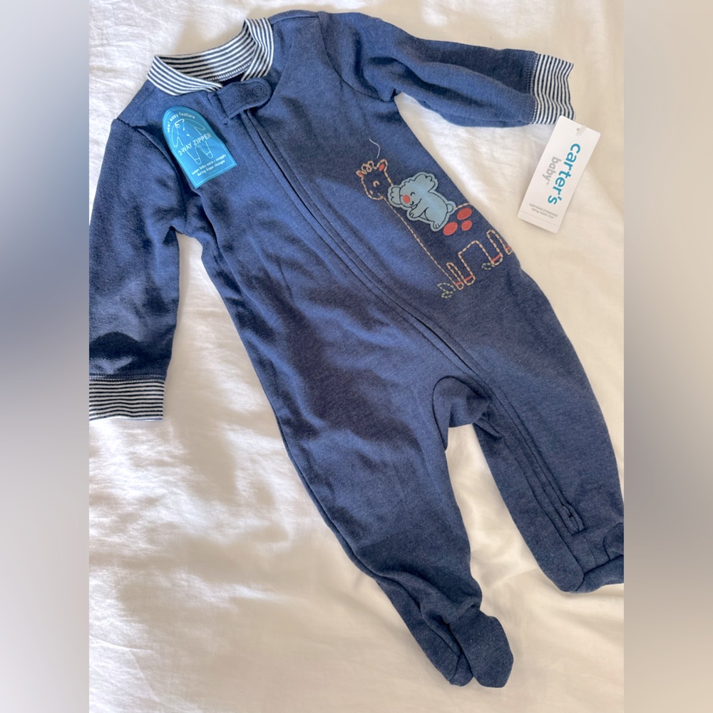 Carter’s 6 months baby boy blue onesie zipper footie w giraffe koala animal